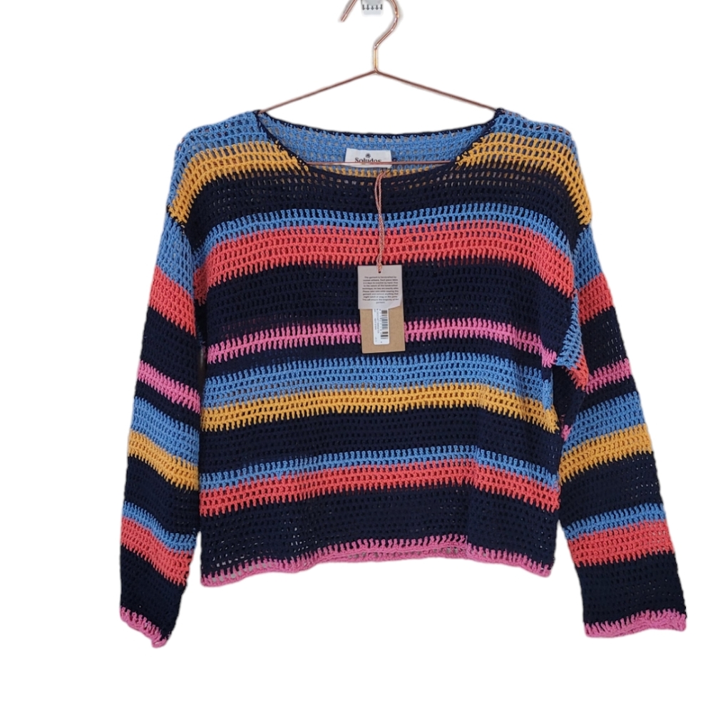 SOLUDOS Navy Stripe Cora Crochet Open Knit Sweater Size S